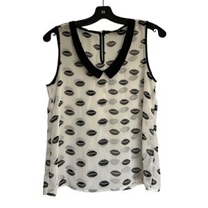 Forever 21 Black White Lip Mesh Collared Top Small